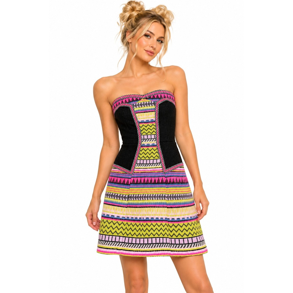 Milly Strapless Geometric Woven Dress Size 6 Made in USA Neon Mini